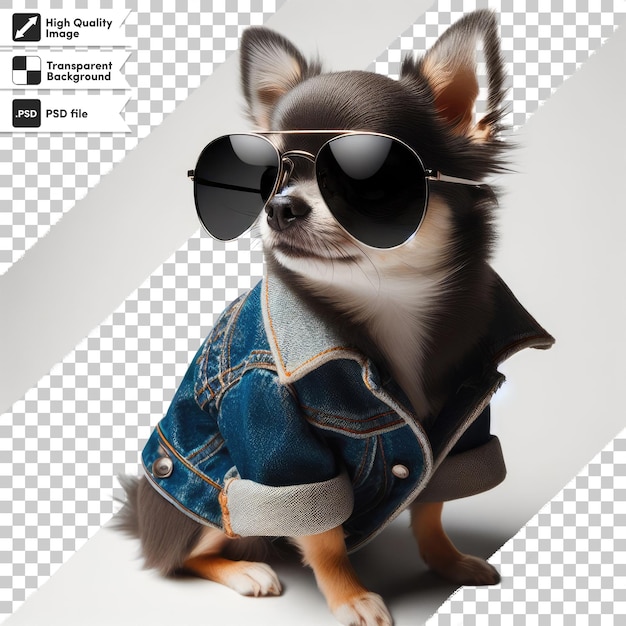 PSD chien psd dans une veste en denim et des lunettes de soleil sur un fond transparent avec une couche de masque modifiable