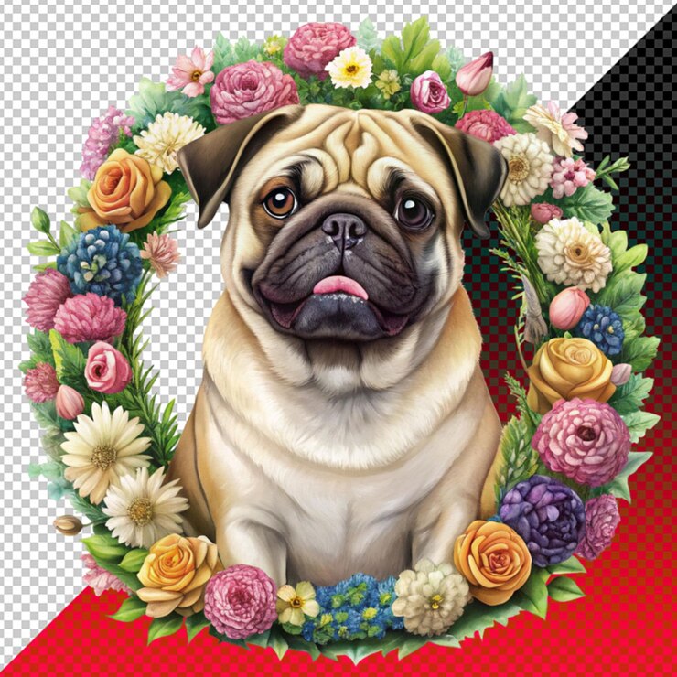 PSD un chien pug assis dans des couronnes de fleurs et des fleurs sur un fond transparent
