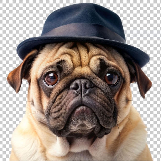 PSD un chien pug triste portant un chapeau noir sur un fond transparent