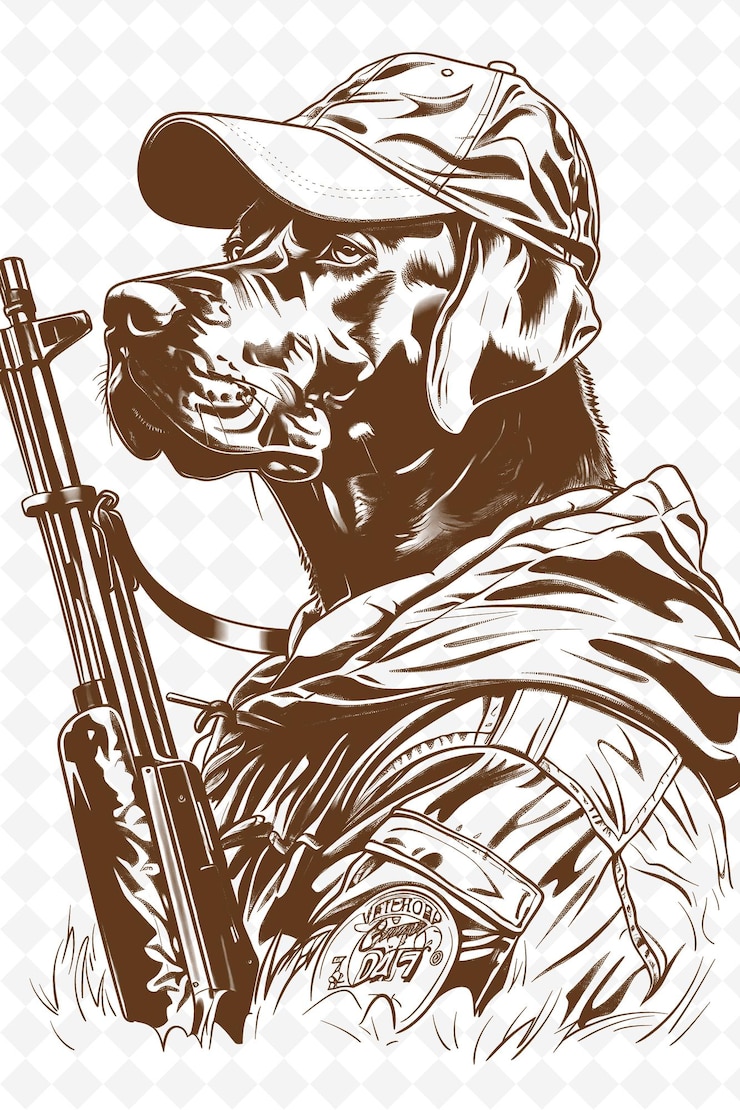 PSD chien weimaraner avec une casquette de chasseur et un fusil à l'aspect d'animaux habiles sketch art vector collections
