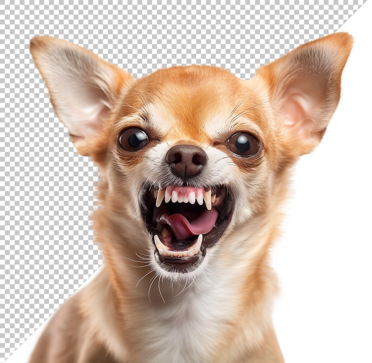 PSD chihuahua assustador e zangado com a boca aberta e dentes visíveis em fundo isolado