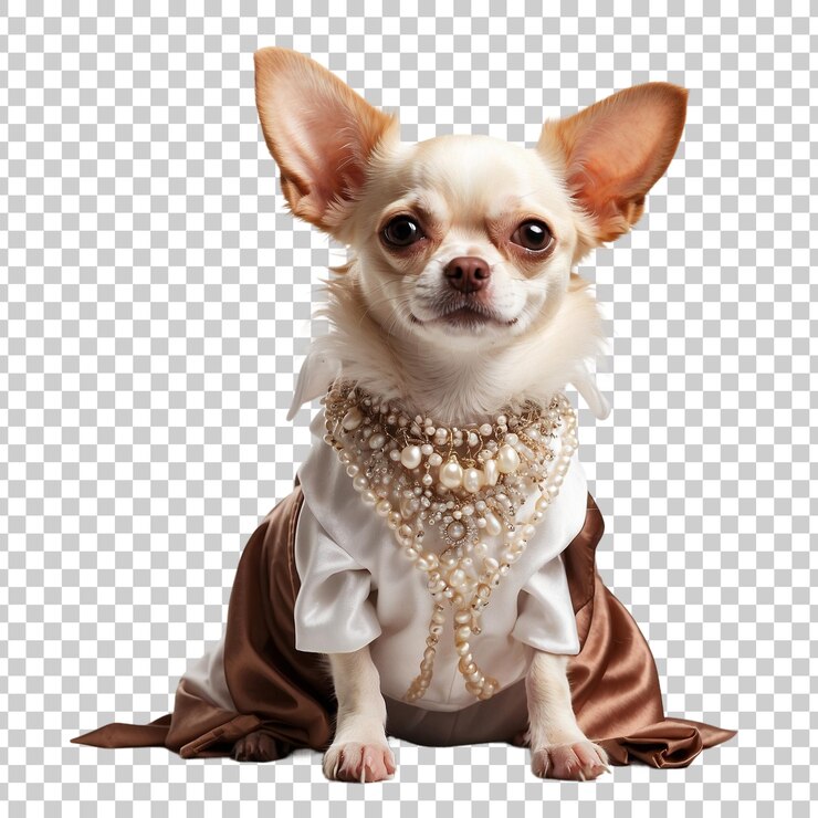 PSD un chihuahua con un vestido con una cadena de oro alrededor de su cuello