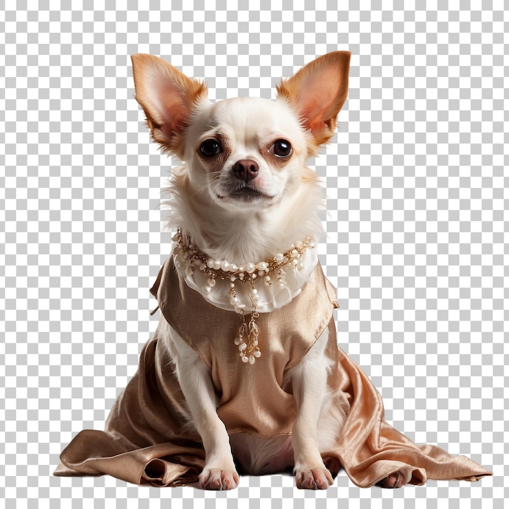 PSD un chihuahua con un vestido con una cadena de oro alrededor de su cuello