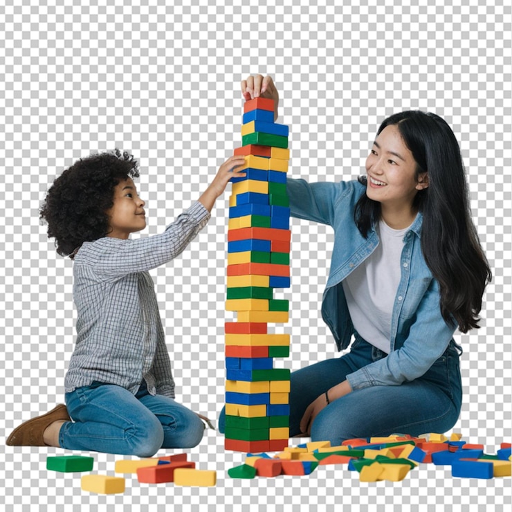 PSD child and young woman building a tower with colorful blocks isolated on transparent background