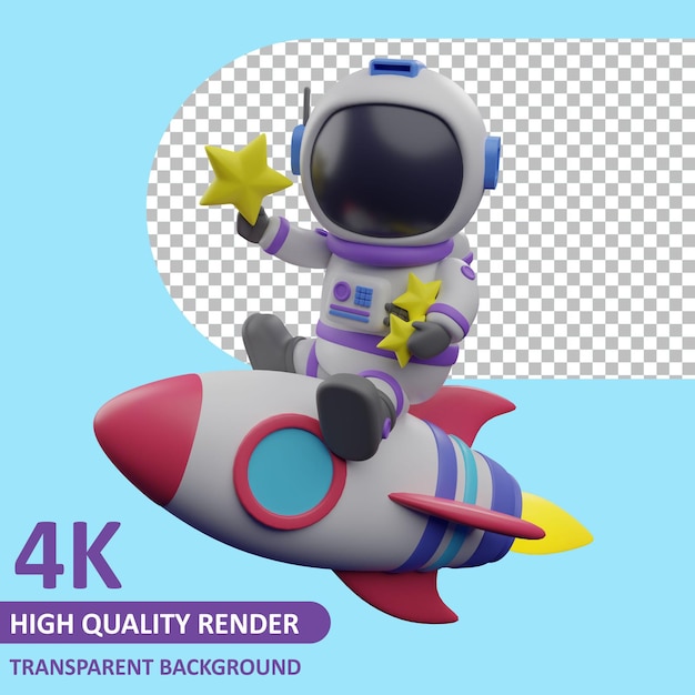 child astronaut on a rocket holding a star 3d rendering of character modeling