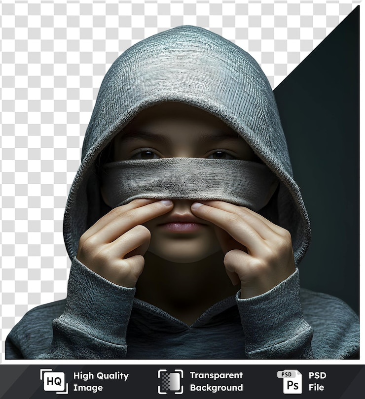 PSD child holds cloth over face with transparent background