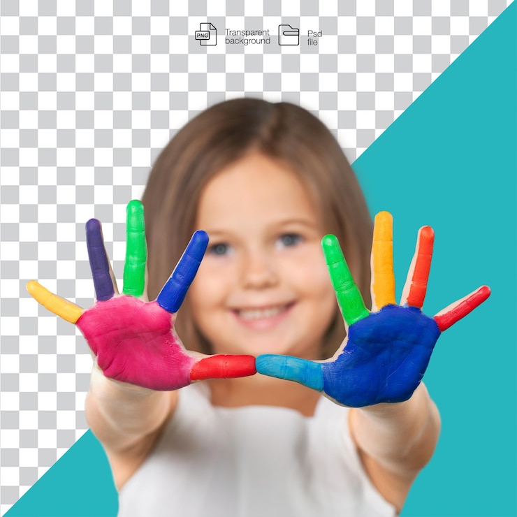 PSD child with colorful painted hands smiling and expressing joy
