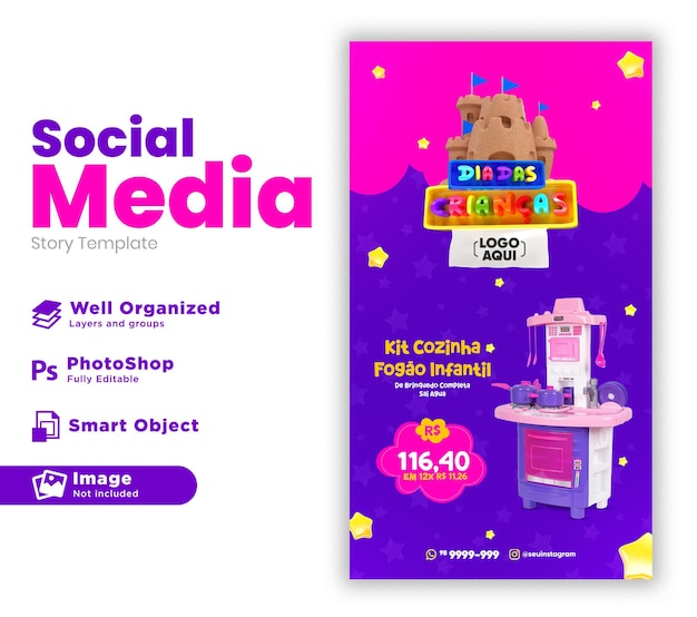 Children's day post social media in 3d-rendering für marketingkampagne in brasilien auf portugiesisch