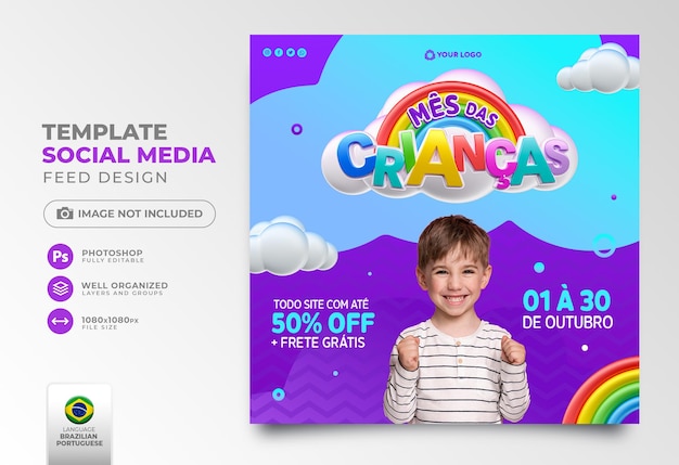 Children's Month Post Social Media in 3D-Rendering für Marketingkampagne in Brasilien auf Portugiesisch