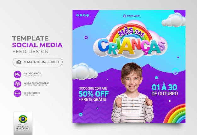 Children's month post social media in 3d-rendering für marketingkampagne in brasilien auf portugiesisch