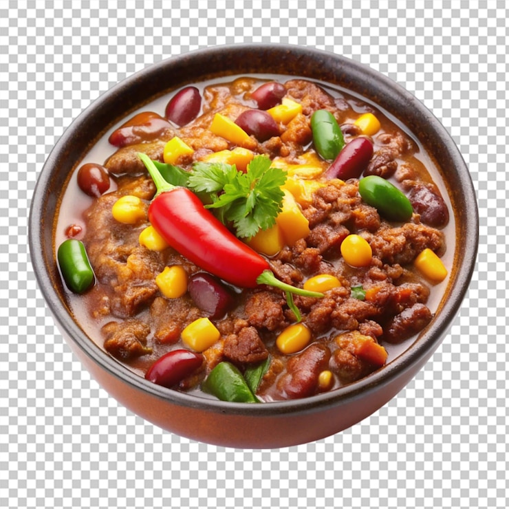 PSD chili con carne en un cuenco marrón aislado sobre un fondo transparente