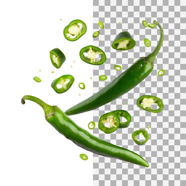 PSD chilies verts frais flottants avec des chilies verts tranchés