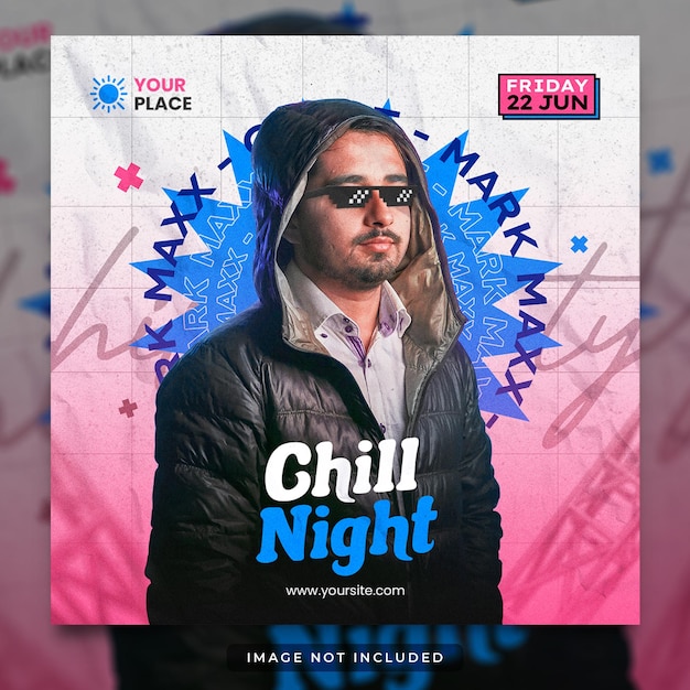 Chill night party club dj evento volante plantilla de publicaciones en las redes sociales.