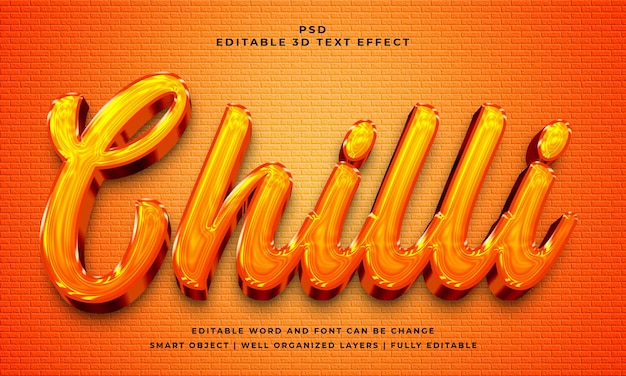 Chilli 3d design de efeito de texto psd editável com fundo