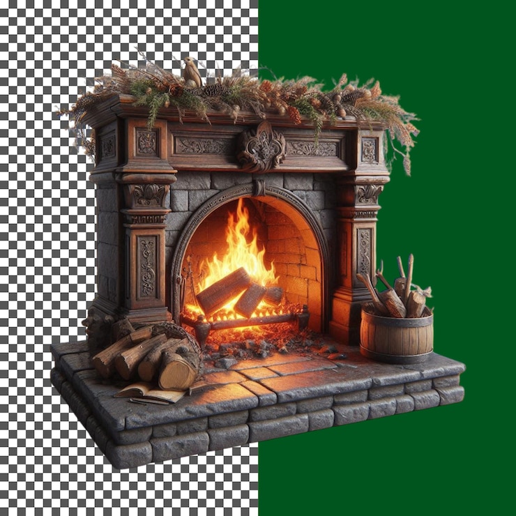 PSD una chimenea acogedora chimenea de piedra con troncos ardientes y decoración rústica en fondo transparente png