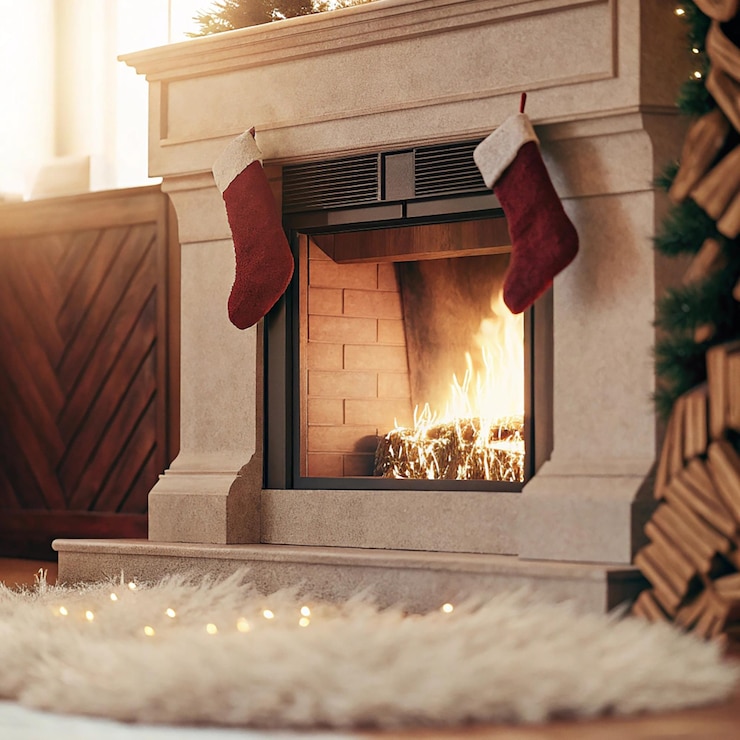 PSD una chimenea con un árbol de navidad y medias encima