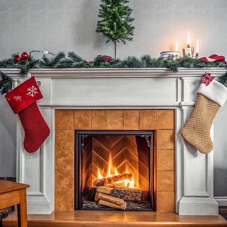 PSD una chimenea con medias de navidad en ella y una chimenea con un árbol de navidad en el mantel