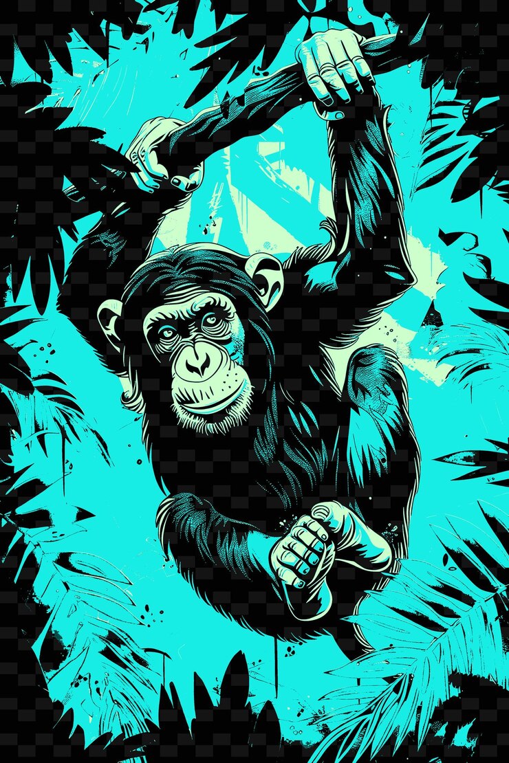 PSD chimpancé balanceándose de árbol en árbol con un fondo de selva diseños de fondo de póster png psd
