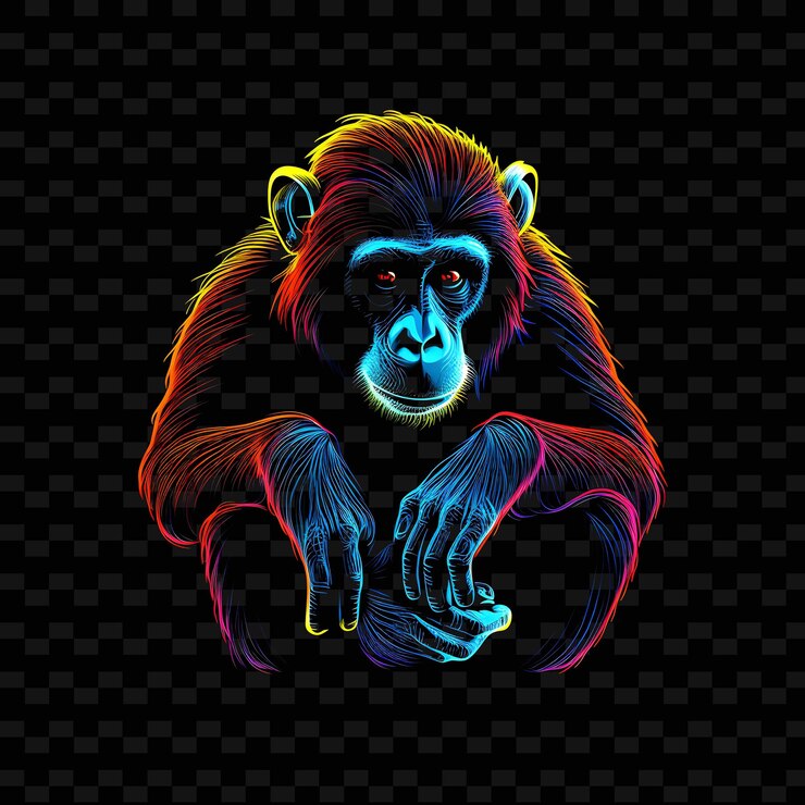 PSD chimpancé descubrimiento de la selva líneas de neón giratorias bananas clim png y2k formas artes de luz transparente
