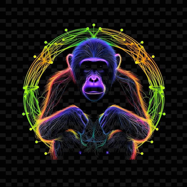 PSD chimpancé selva descubrimiento girando líneas de neón plátanos clim png y2k formas artes de luz transparente
