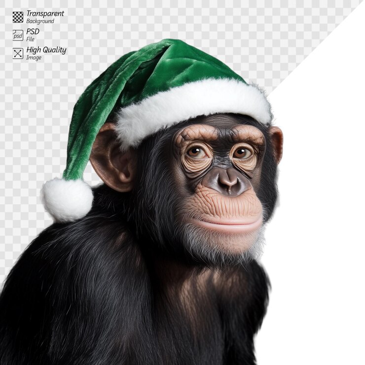 PSD un chimpancé con un sombrero festivo de papá noel con una expresión alegre
