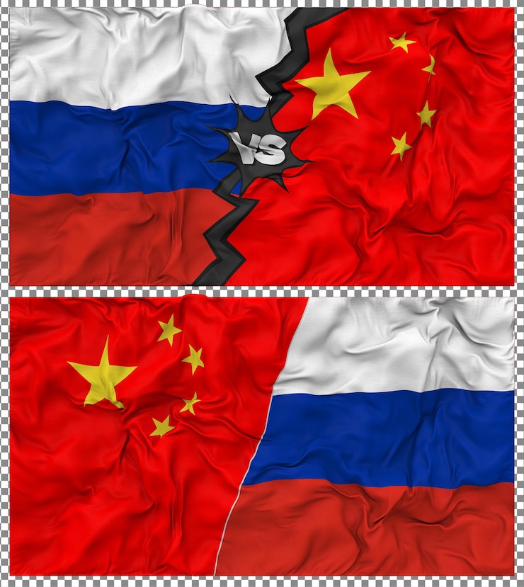 PSD china gegen russland halbkombinierte flagge stoff bump textur 3d-rendering
