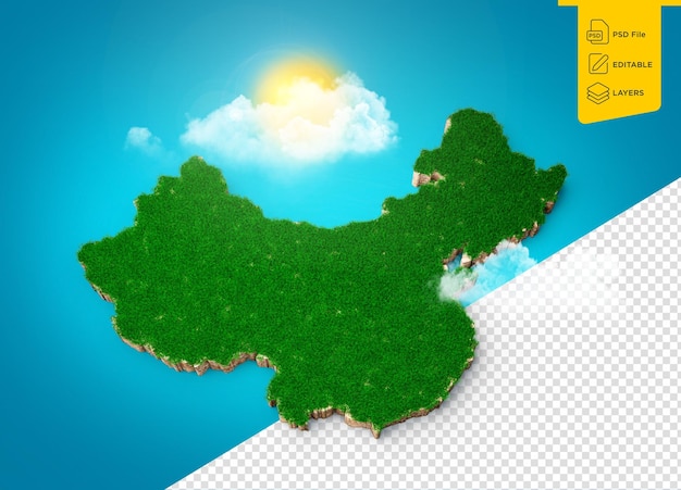 China-Karte Boden-Landgeologie Querschnitt Grünes Gras und Felsen Bodentextur 3D-Illustration