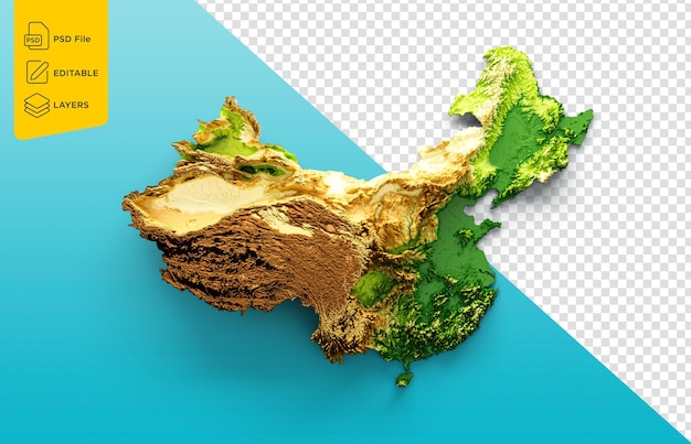 China-Karte, schattiertes Relief, Farbhöhenkarte auf isoliertem Hintergrund, 3D-Illustration