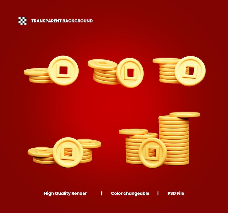 PSD chinese coin 3d icon illustration or chinese lucky coin 3d icon