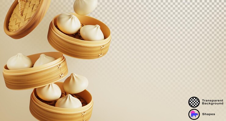 PSD chinese food 3d banner with baozi steam bread dim sum or dumpling in bamboo steamers vietnamese bun bao with meat and egg or japanese manju in wooden basket asian street snack 3d illustration