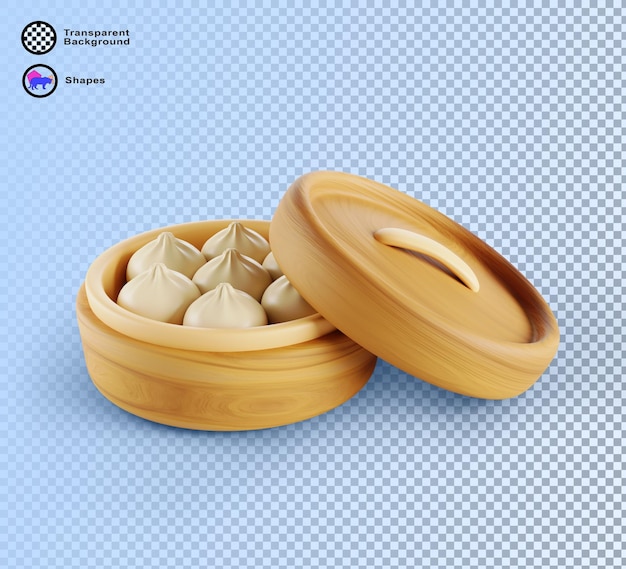 Chinesisches Frühstücksessen Baozi 3D-Rendering-Symbol Vietnamesisches Bun Bao oder gedämpftes Brot Mittagessen Asiatischer Snack mit Fleisch, Gemüse und Ei, gekocht in einem Bambusdampfer mit offener Kappe