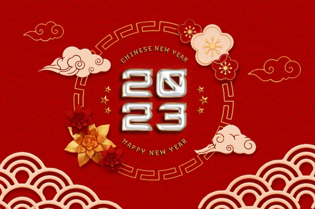 Chinesisches Neujahr 2023 Bannerdesign mit chinesischer Wolken- und Blumendekoration
