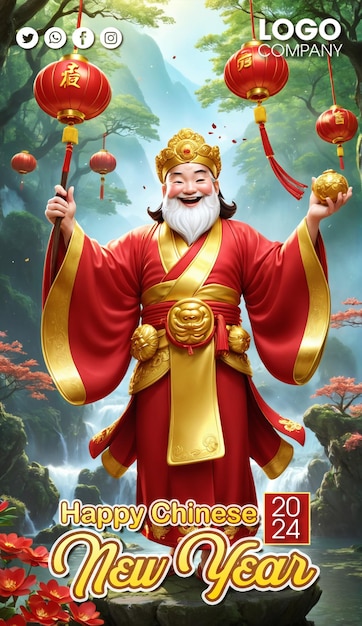 PSD chinesisches neujahr 3d-illustration mit dem gott des reichtums lächeln mit goldenem glück