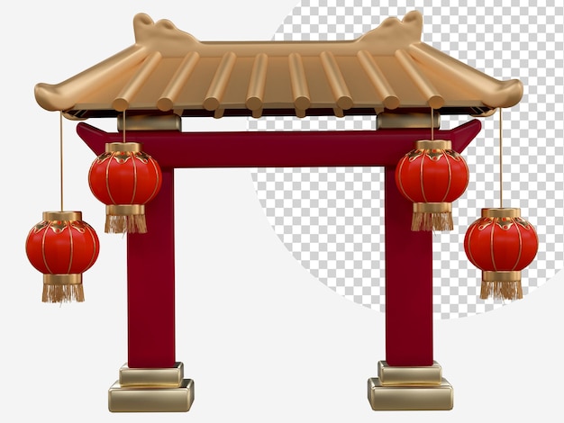 chinesisches Neujahr mit 3D-realistischem chinesischen Eingangstor rote Laternen Ornamente chinesisches Element für Präsentationsbanner Anzeigen Mid-Autumn-Festival Luxus-Konzept Jahr der Schlange