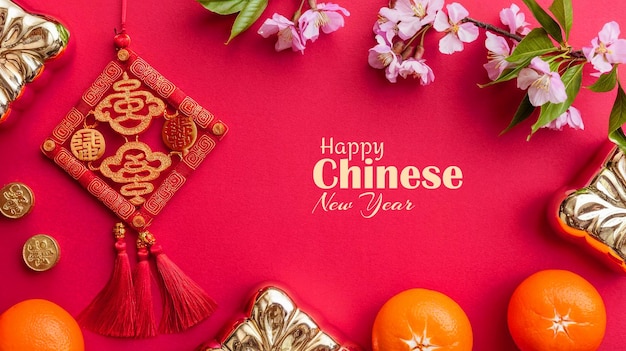 Chinesisches Neujahrs-Flatlay-Design mit traditionellen festlichen Elementen