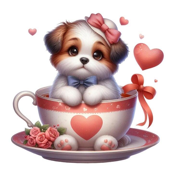 PSD un chiot dans une tasse de thé avec un cœur sur le devant
