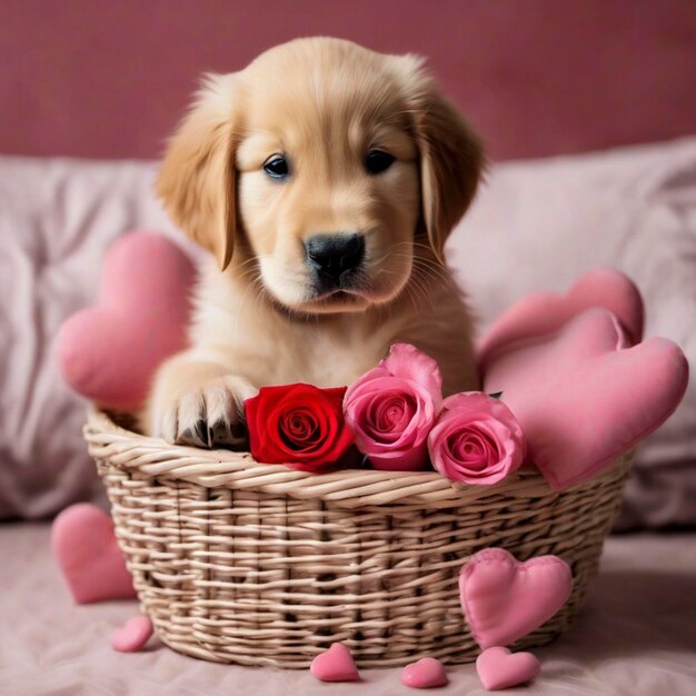 Un Chiot De Golden Retriever Avec Des Roses Rouges