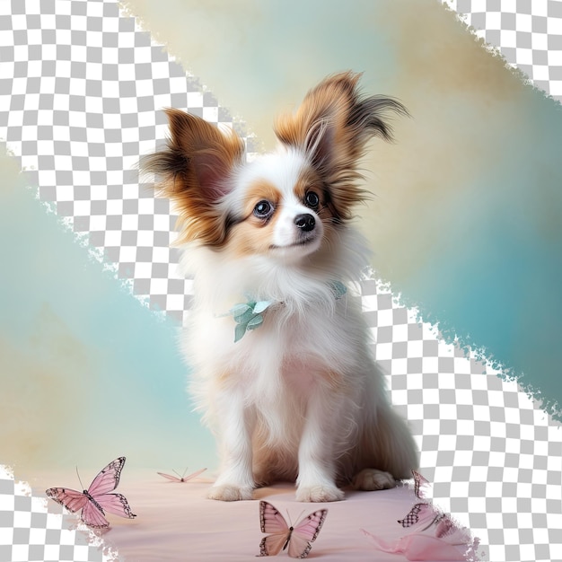 Un chiot Papillon âgé d'un mois dépend d'un fond transparent