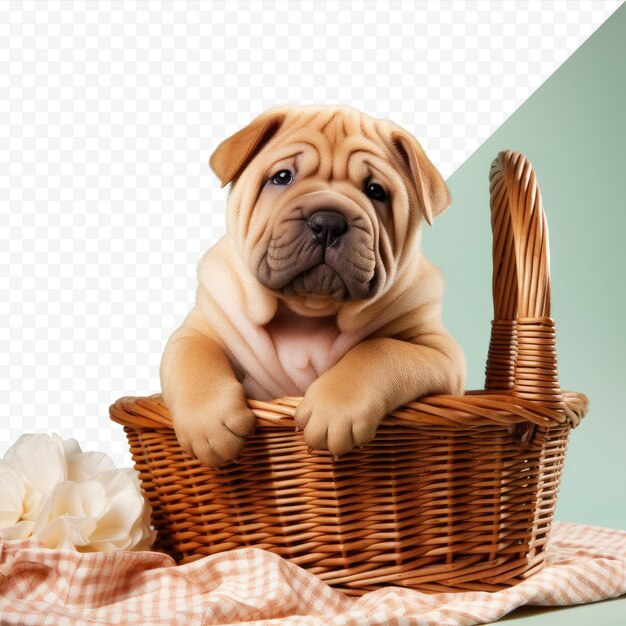 PSD un chiot de sharpei s'équilibrant fièrement sur un panier