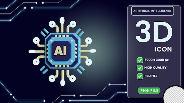 PSD chip de computadora con letras ai icono de inteligencia artificial 3d