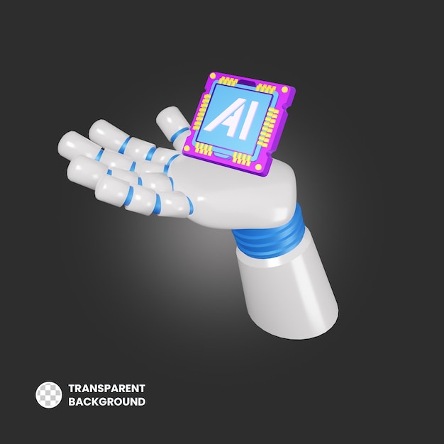Chip de computador de IA na mão Ilustração de robô de IA em renderização 3D