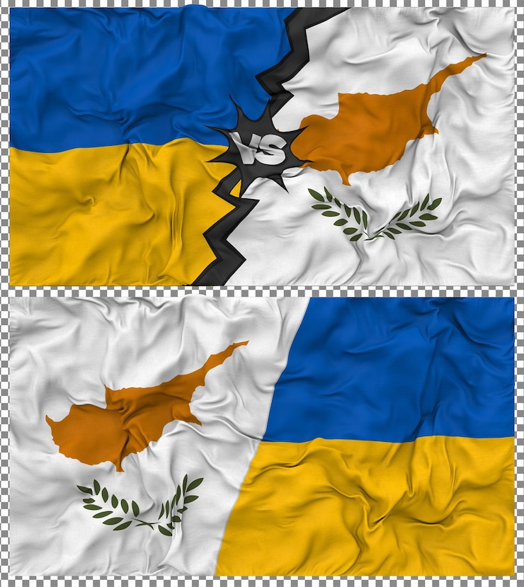 PSD chipre versus ucrânia meia bandeira combinada textura de tecido 3d rendering