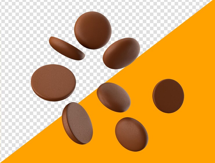 PSD chips de chocolate redondos que caen en la ilustración 3d del piso aislado blanco