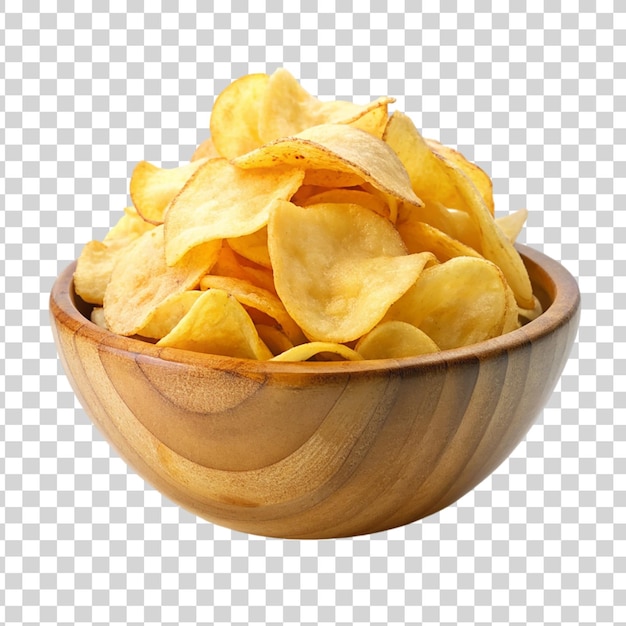 PSD des chips de pommes de terre dans un bol en bois isolé sur un fond transparent