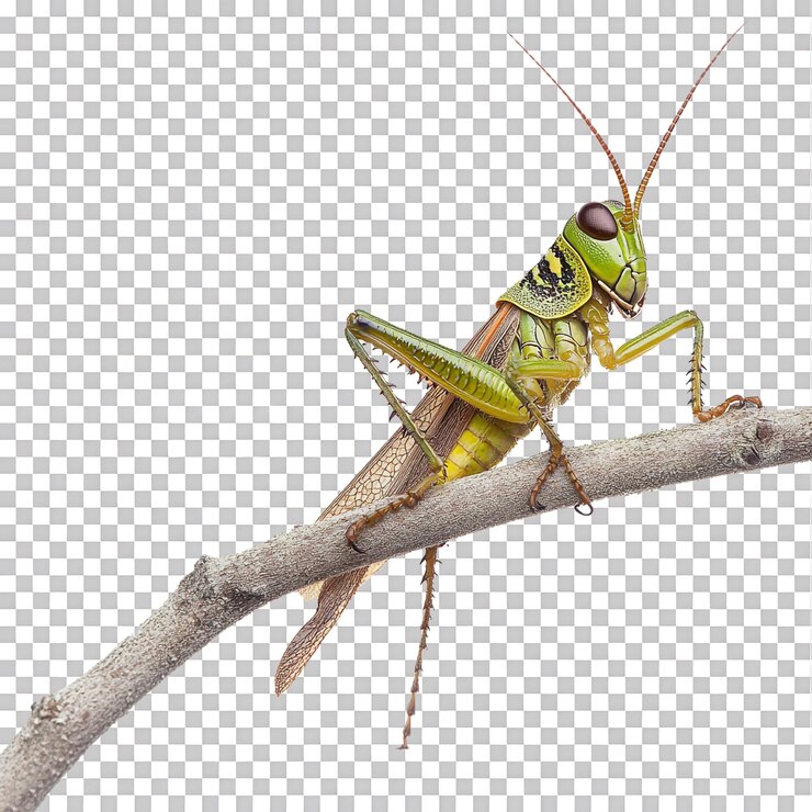 PSD el chirrido del grillo en una rama de árbol contra un fondo transparente para el contenido educativo de los estudios de la naturaleza