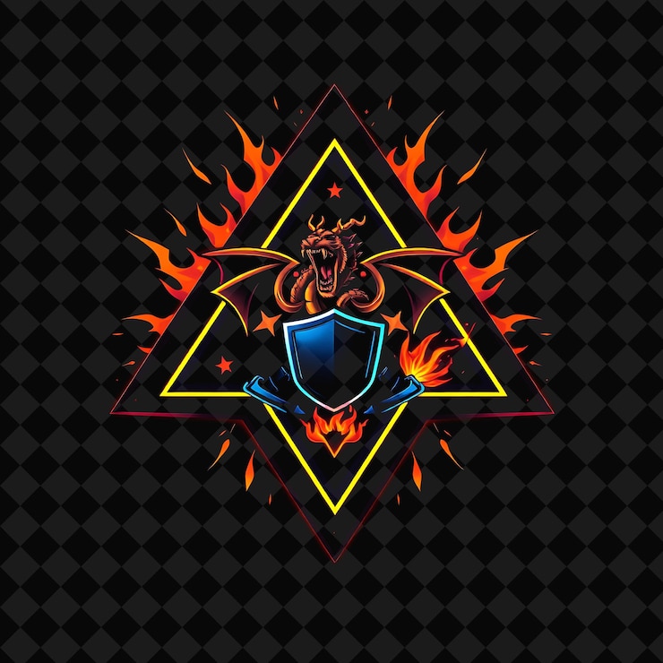 PSD las chispas de neón ardientes dentro de una insignia triangular con ángulos afilados y un borde texturizado en el interior es un ro