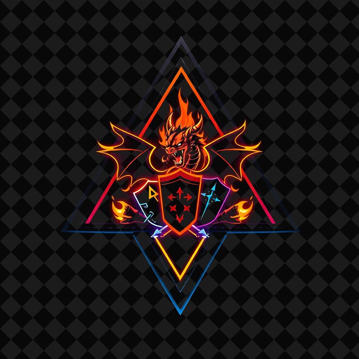 PSD las chispas de neón ardientes dentro de una insignia triangular con ángulos afilados y un borde texturizado en el interior es un ro
