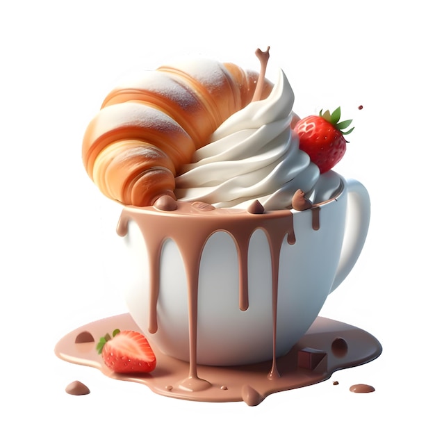 PSD chocolate caliente 3d con un croissant psd