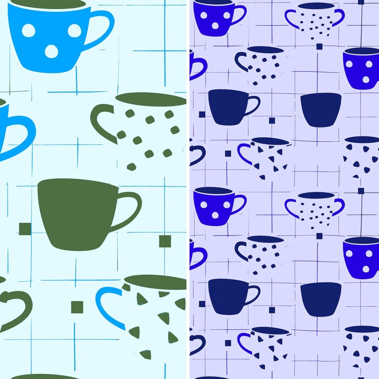 PSD chocolate caliente calmante con siluetas de taza y diseños de patrones vectoriales de ilustración plana