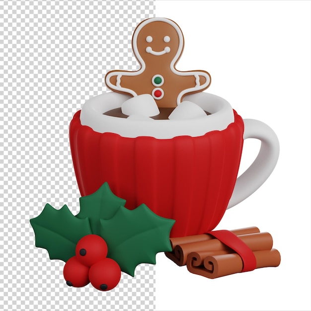 PSD chocolate quente com gingerbread man marshmallow e canela renderização 3d